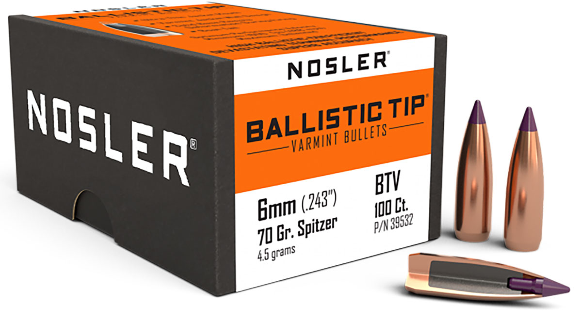 Nosler 6mm 70 Grain Spitzer Varmint Ballistic Tip Bullets 100 Count