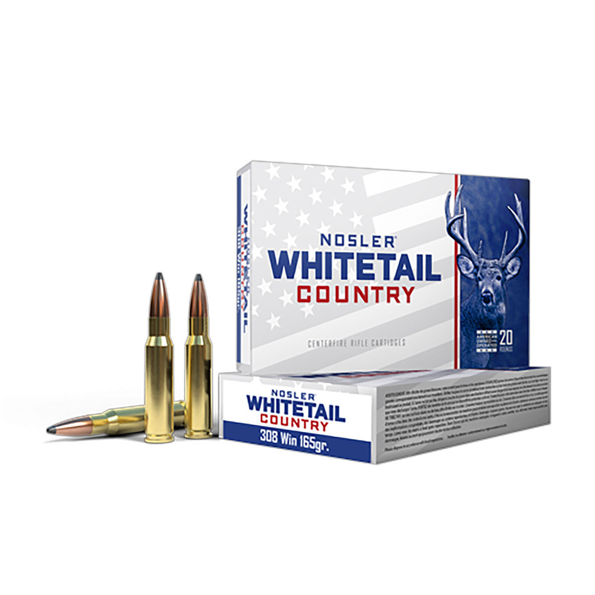 Nosler Whitetail Country 308 Winchester 165 Grain Spitzer Boat Tail, 20 Rounds Nosler Whitetail Country 308 Winchester 165 Grain Spitzer Boat Tail, 20 Rounds