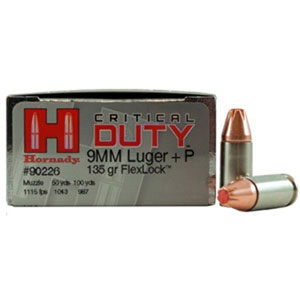 Hornady Critical Duty 9mm +P 135 Grain Flexlock HP Ammo 25 Rounds Hornady Critical Duty 9mm +P 135 Grain Flexlock HP Ammo 25 Rounds
