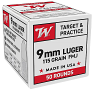 Winchester Target & Practice 9mm 115 Grain Full Metal Jacket, 50 Rounds Winchester Target & Practice 9mm 115 Grain Full Metal Jacket, 50 Rounds
